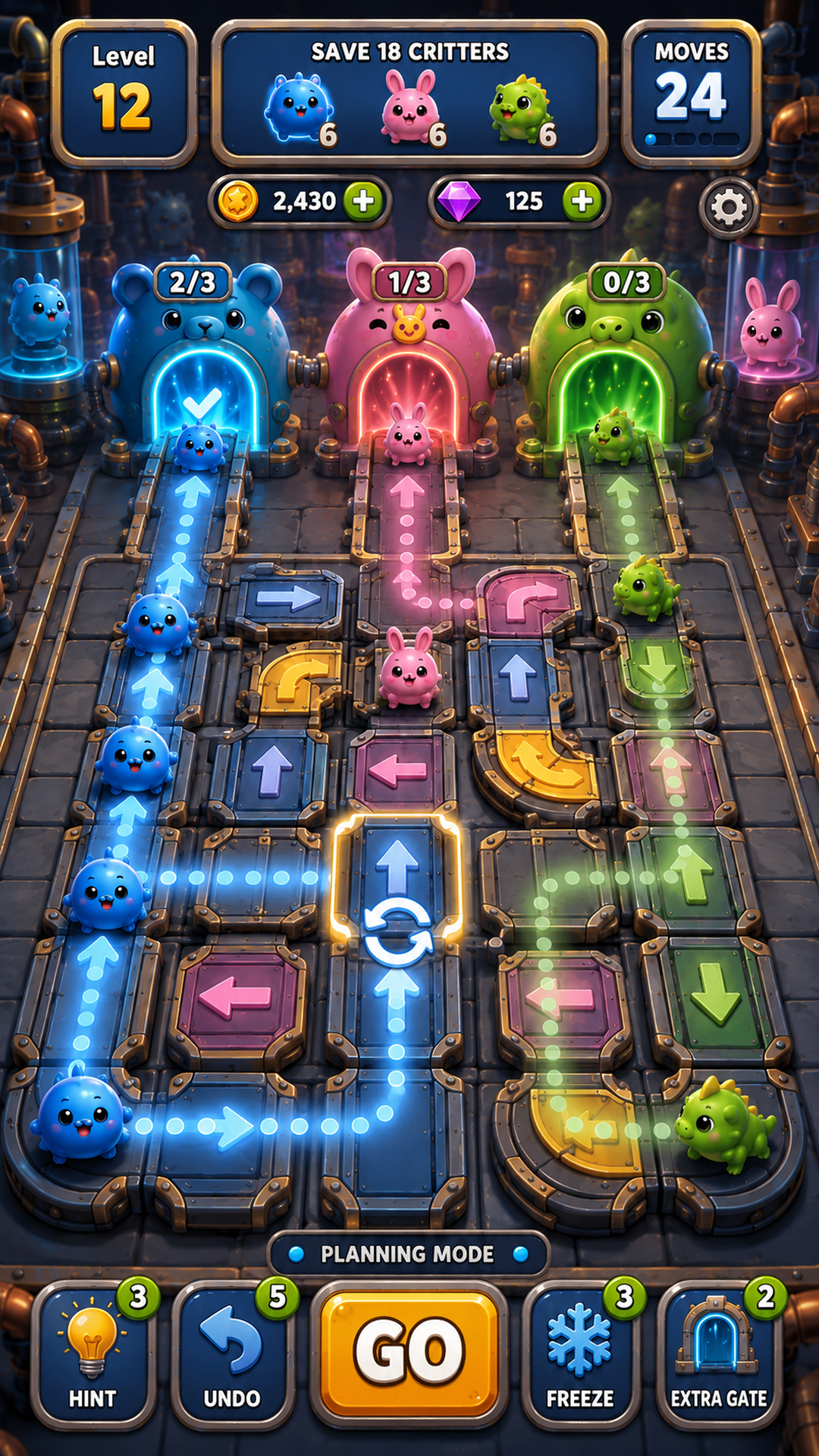 Critter Conveyor gameplay screenshot showing conveyor puzzle routes
